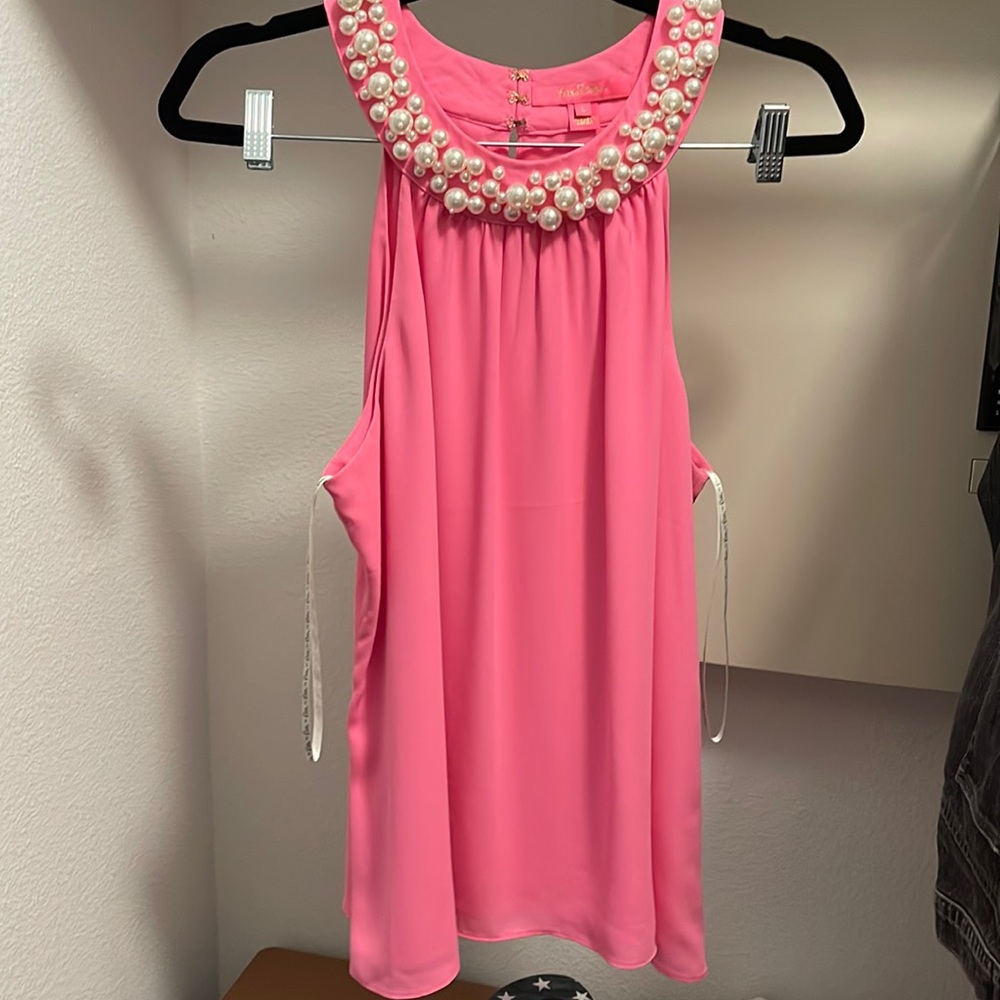 Lilly Pulitzer Hot Pink Top with Pearl Embellished Neckline